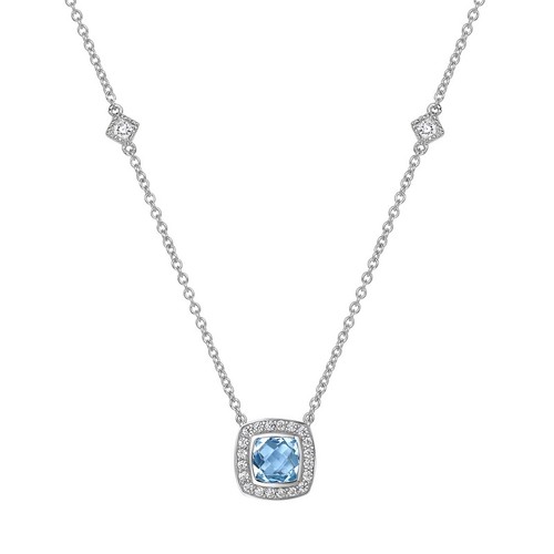 Cushion Cut Blue Topaz Halo Necklace with Station Accents