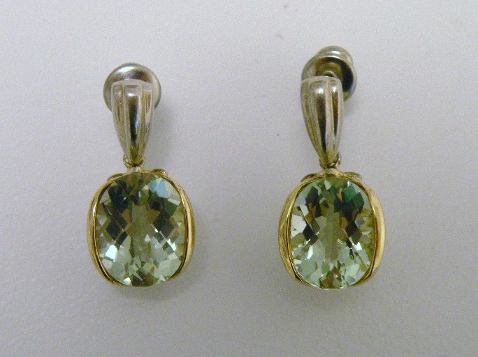 Sterling Silver And 18 Karat Yellow Gold Green Amethyst Earrings Green Amethyst Earrings
