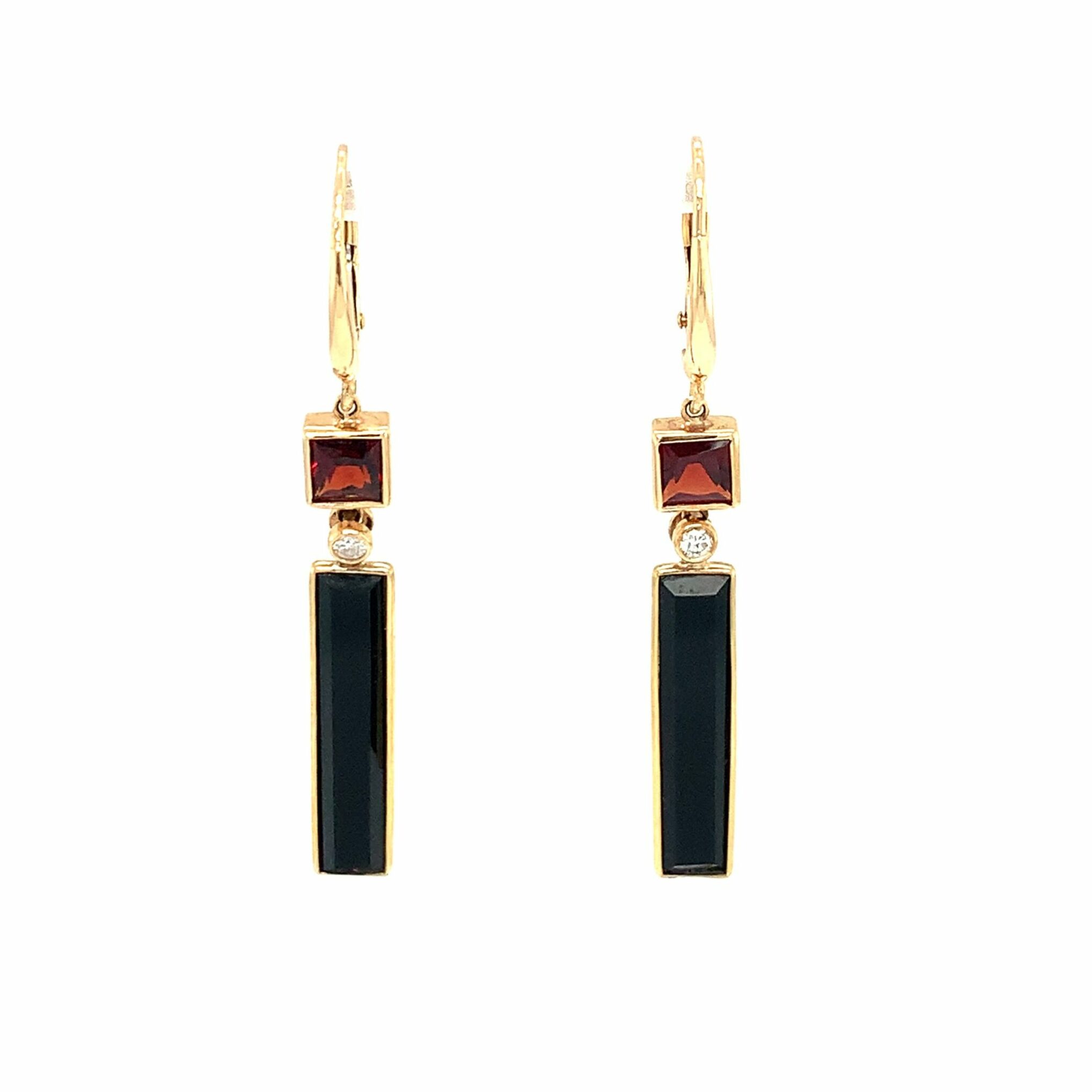 Yellow Gold Garnet & Onyx Drop Earrings