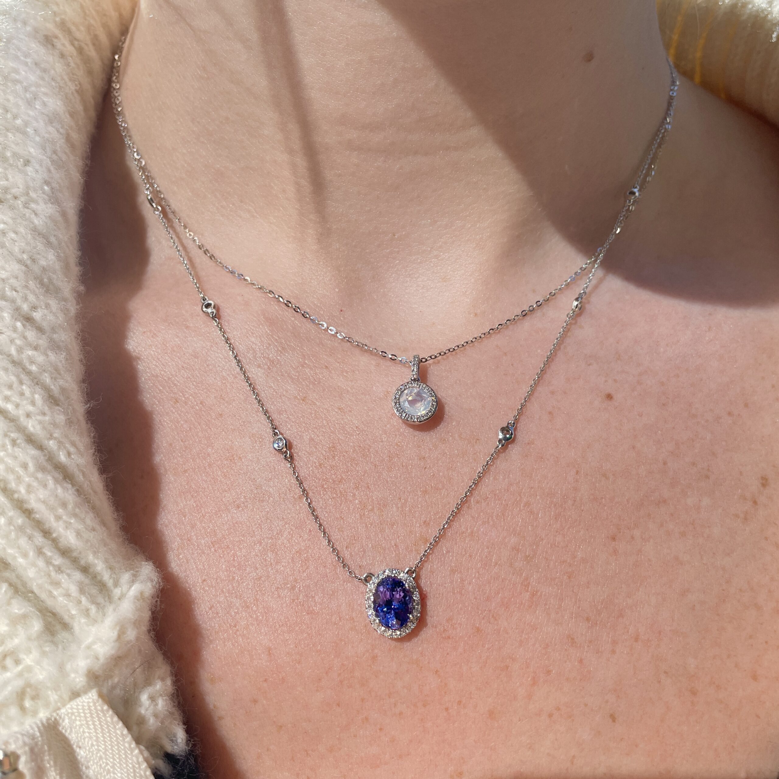 White Gold Quartz and Diamond Round Halo Necklace