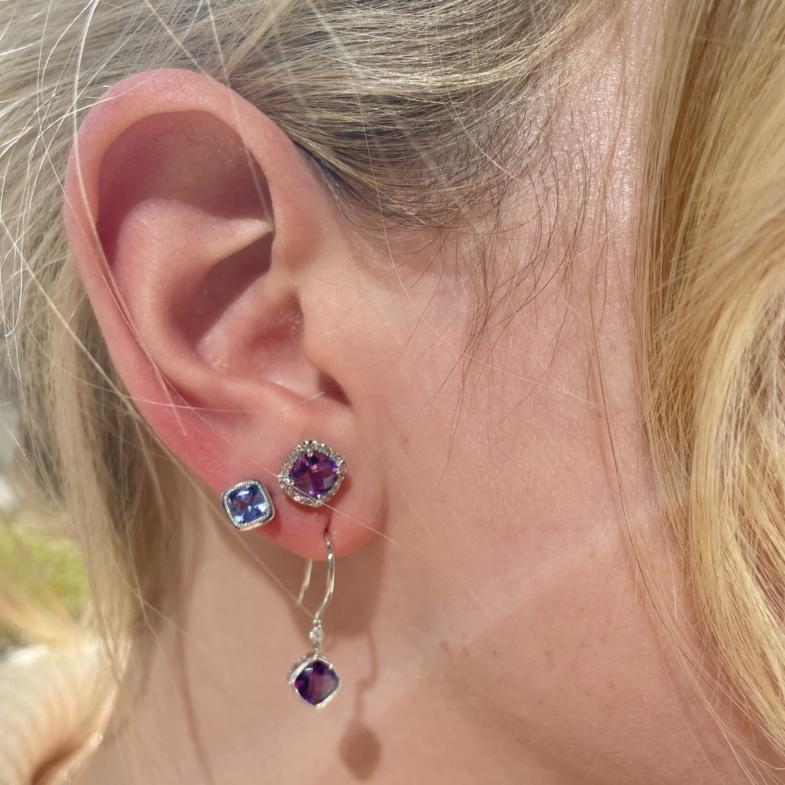 Sterling Silver Stud Earrings with Cushion Amethysts and Diamonds