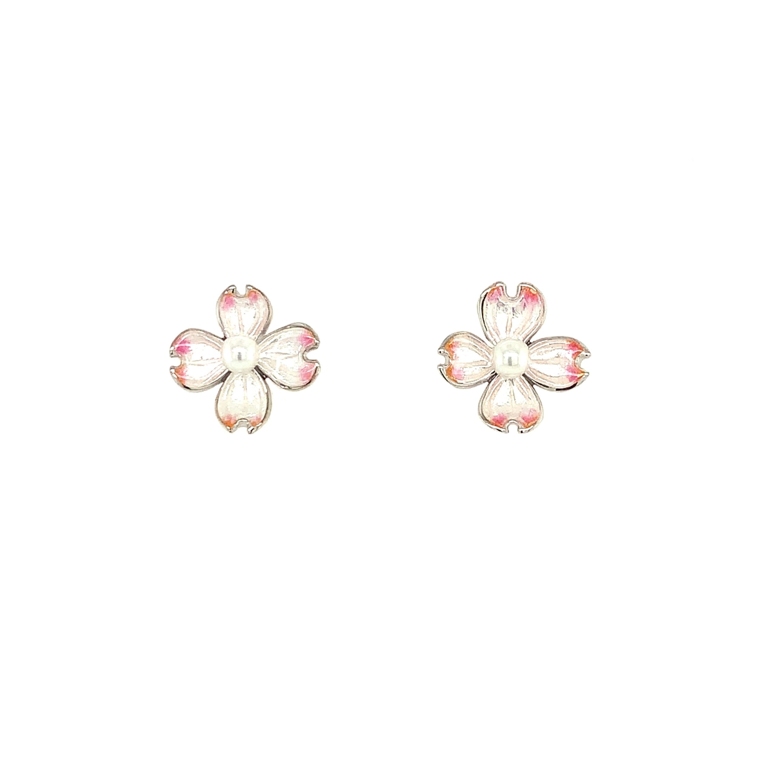 Sterling Silver & Enamel Floral Pearl Earrings