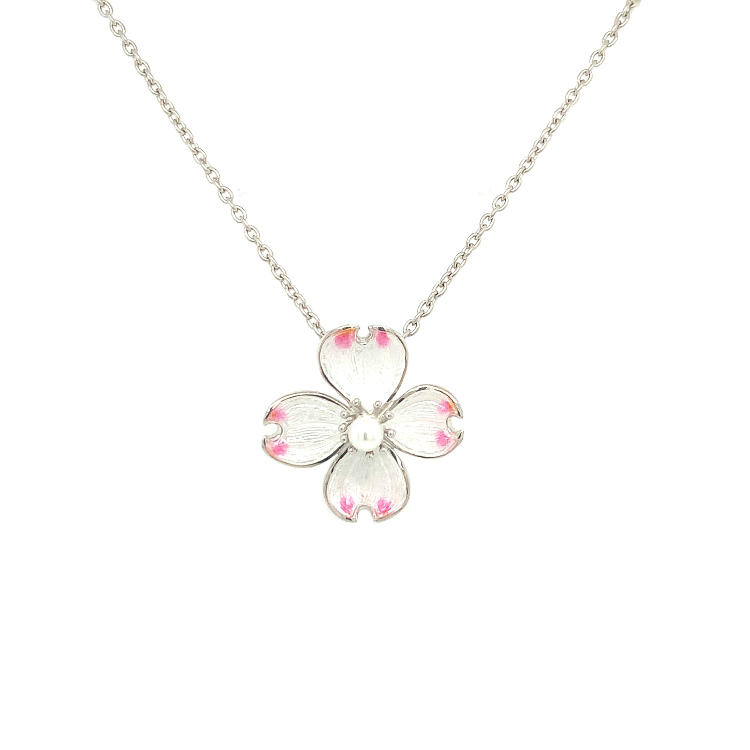 Sterling Silver & Enamel Floral Pearl Necklace