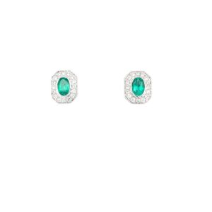 White Gold Emerald Earrings with Diamond Halos