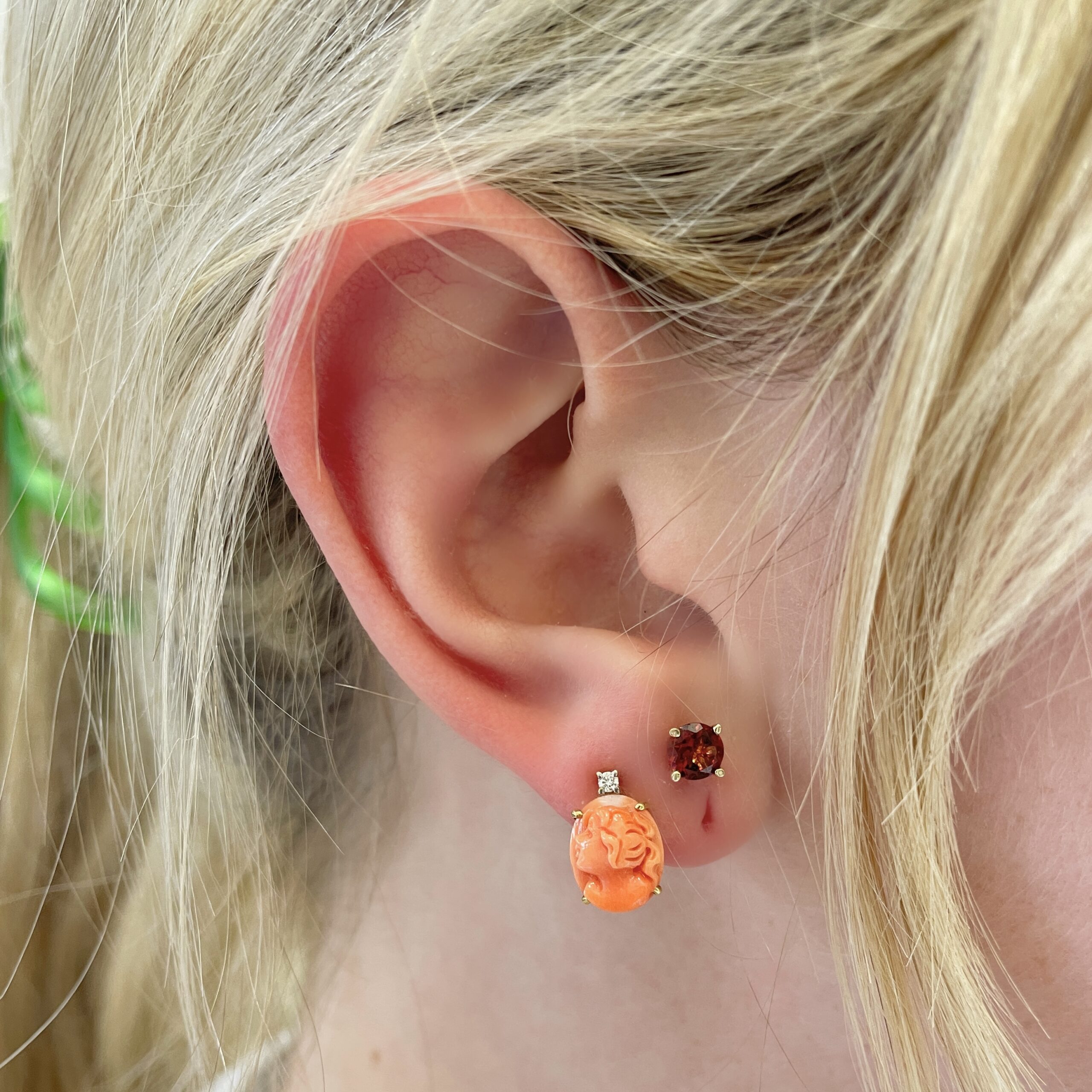 Yellow Gold Coral Cameo Earrings