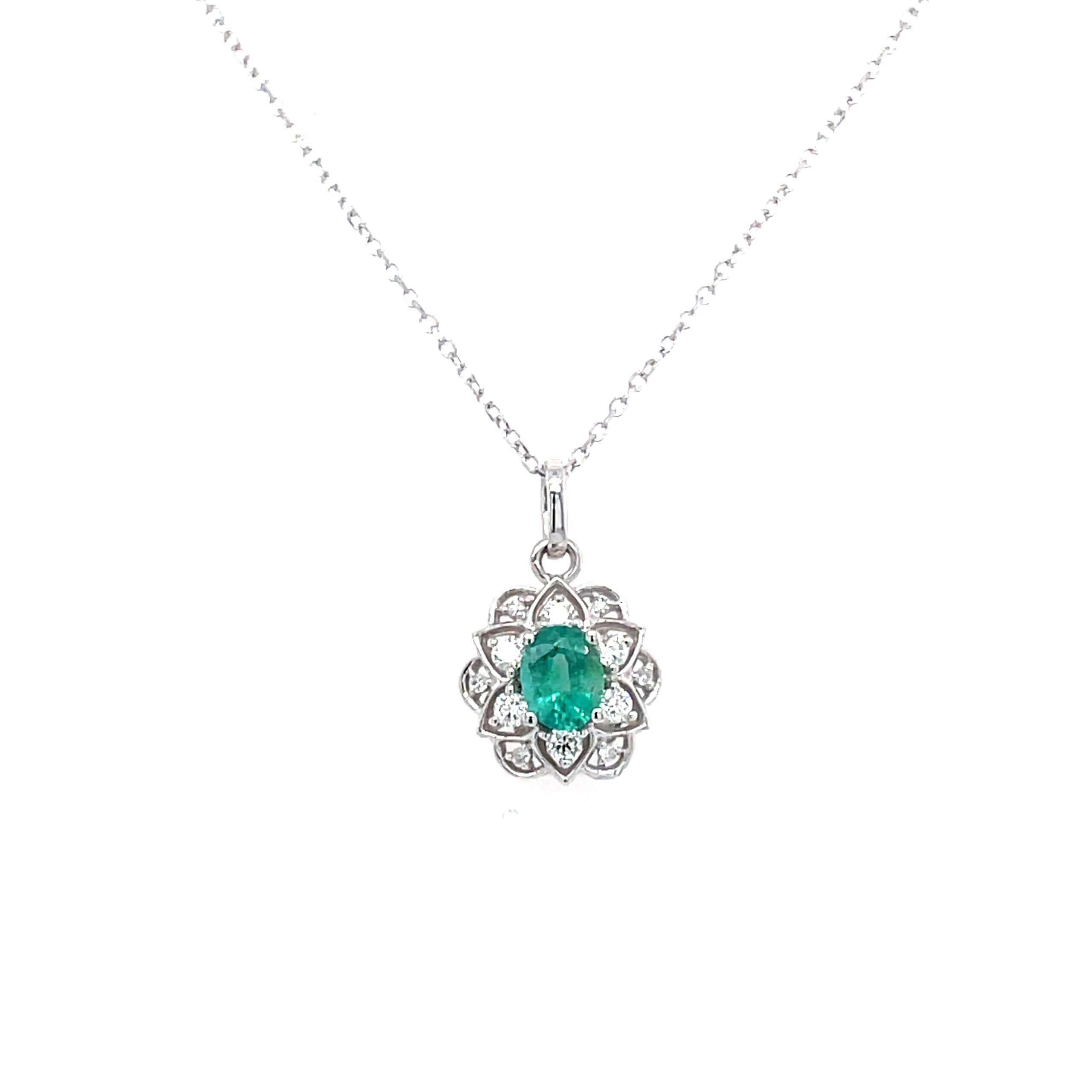 White Gold Emerald Halo Necklace
