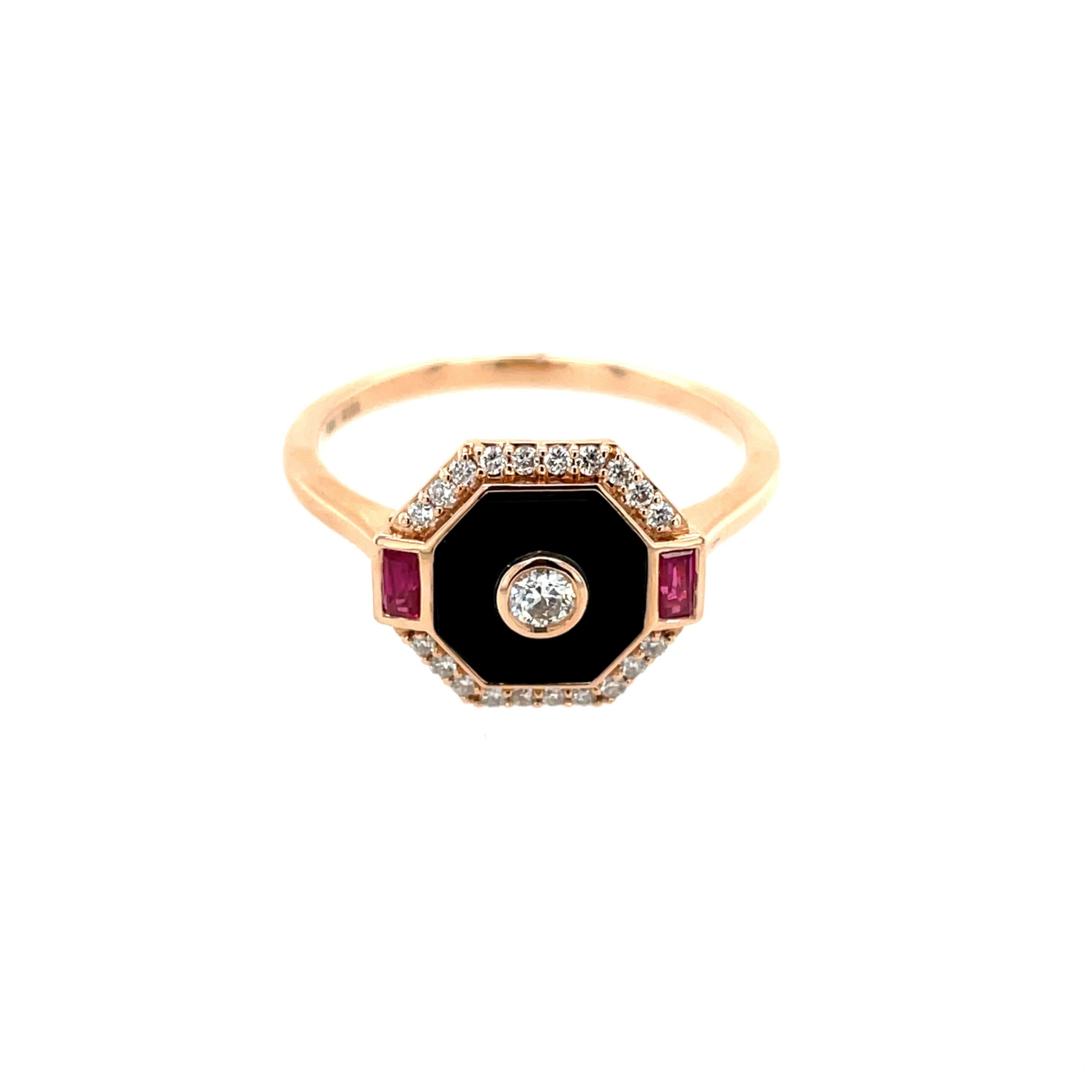 Rose Gold Octagon Onyx And Ruby Ring