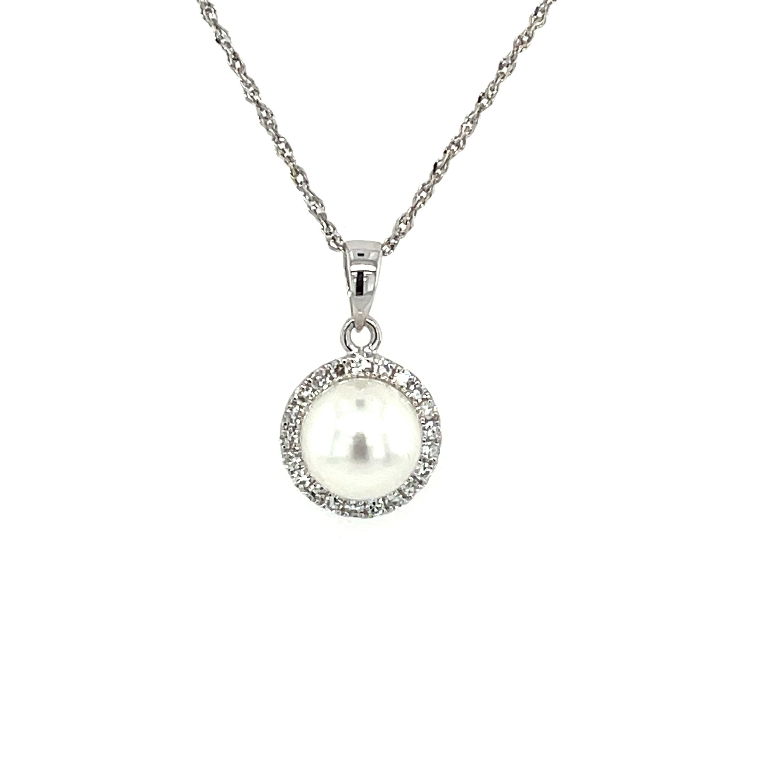 White Gold Halo Pearl Pendant Necklace