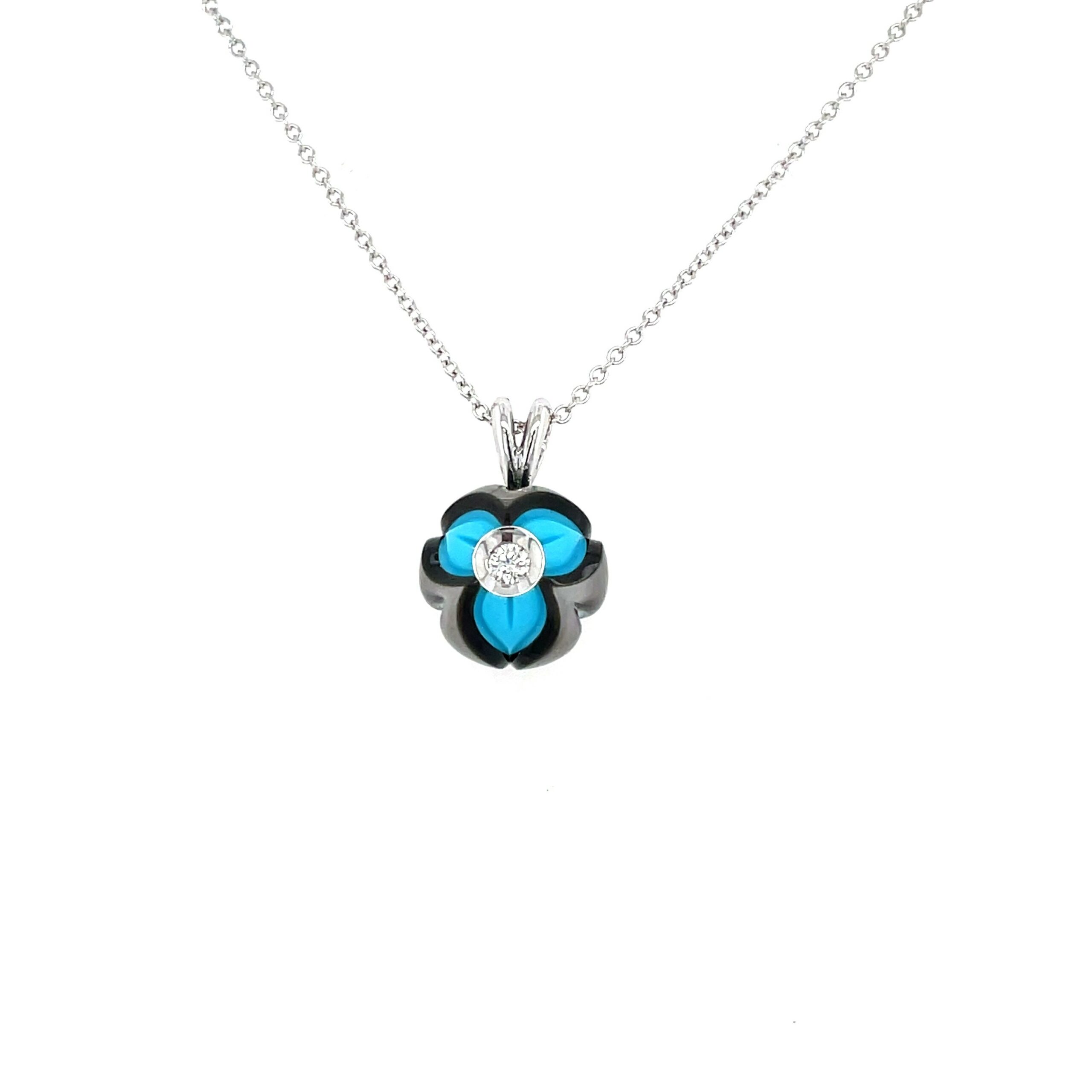 White Gold Black Pearl and Turquoise Necklace