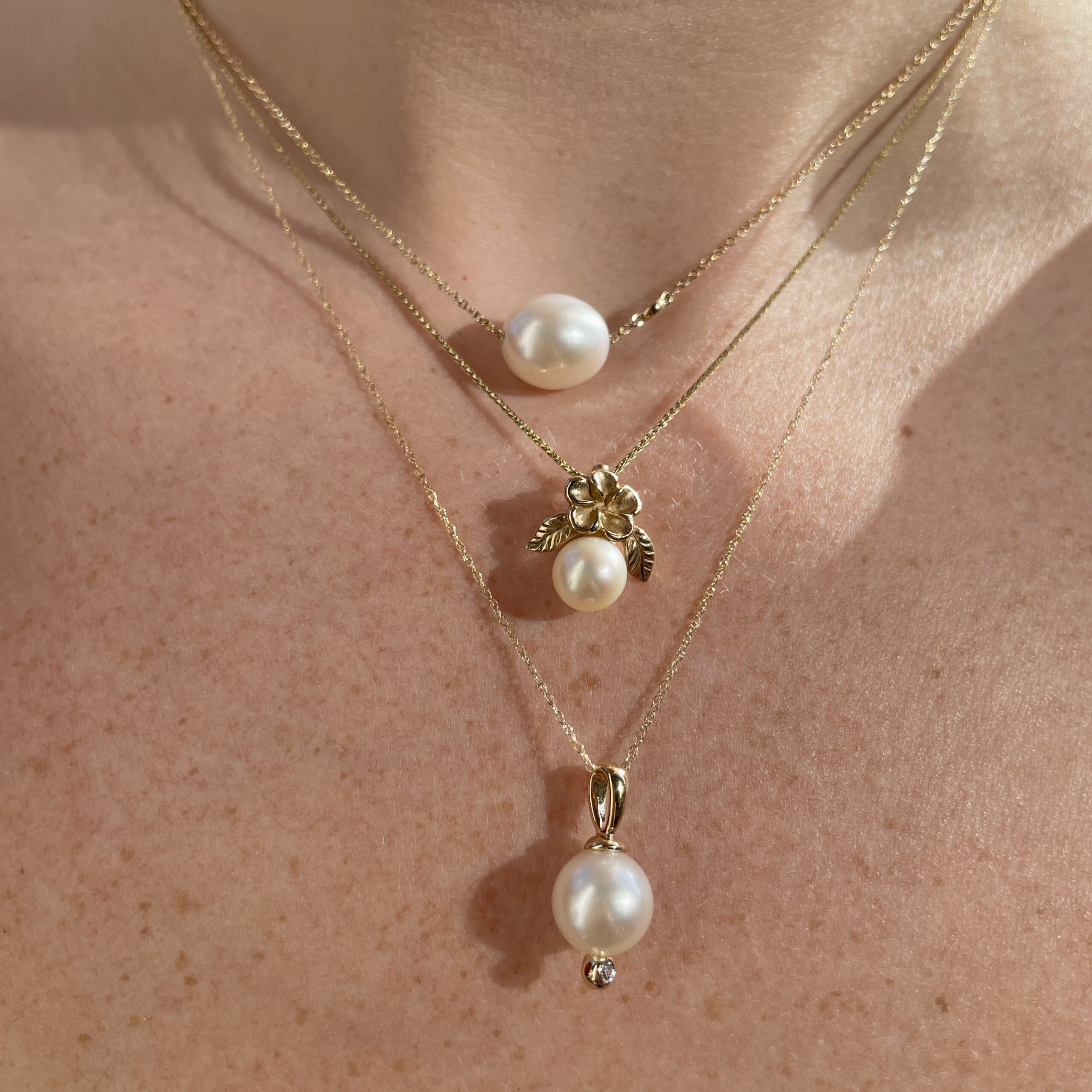 Yellow Gold Floating Pearl Necklace With Diamond Station