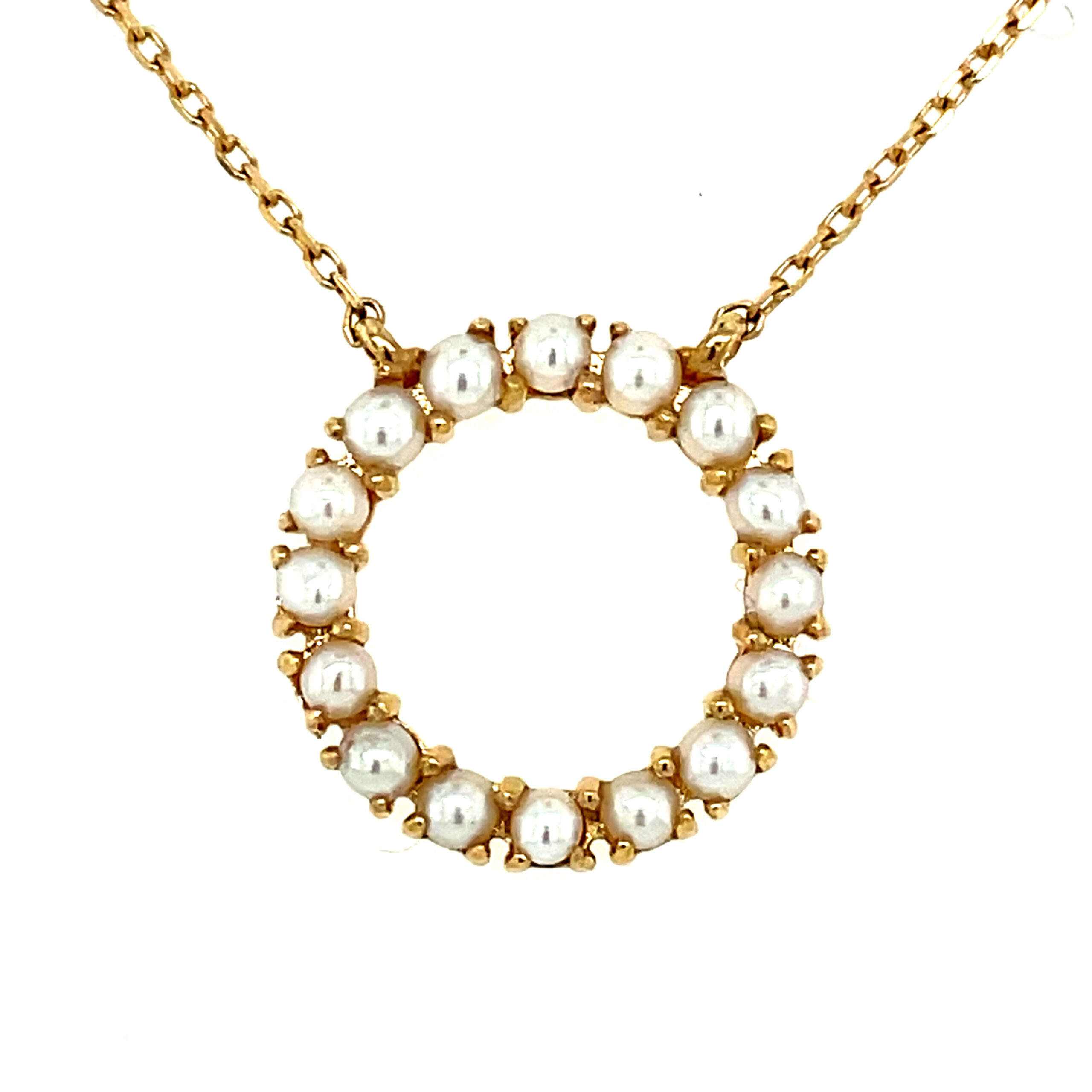 Yellow Gold Pearl Circle Pendant Necklace