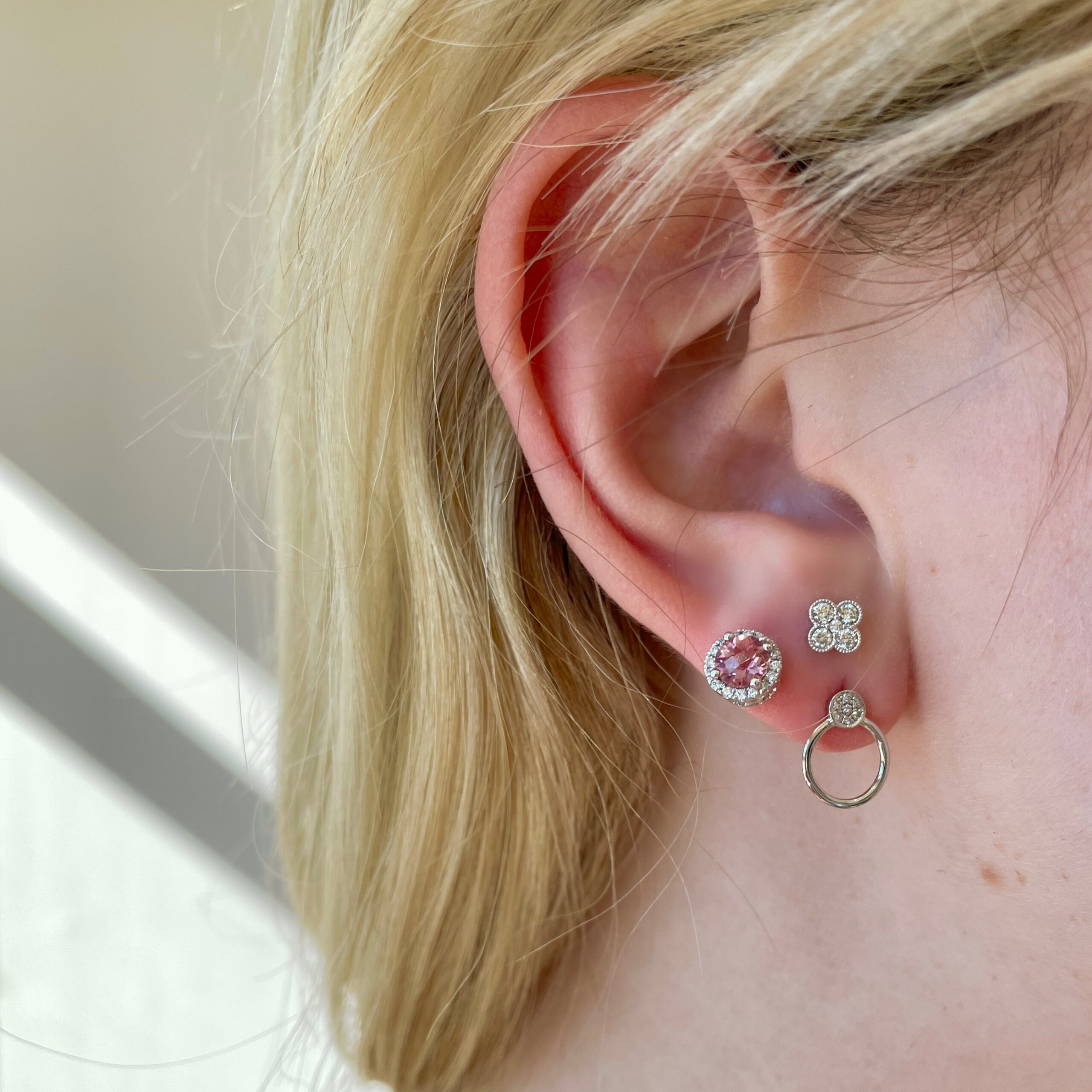 White Gold Studs with Pink Tourmaline and Diamonds