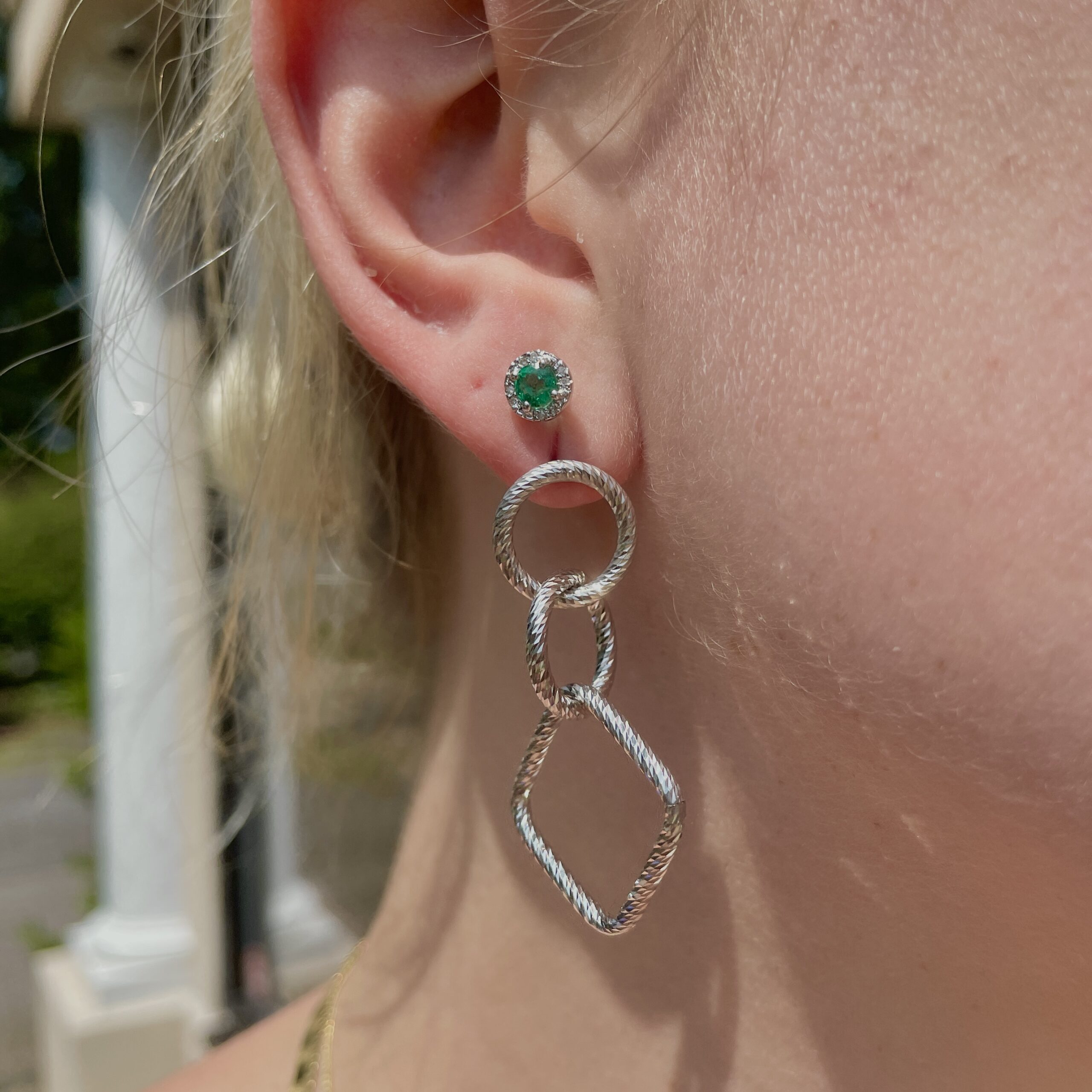 Sterling Silver Emerald and Diamond Stud Earrings