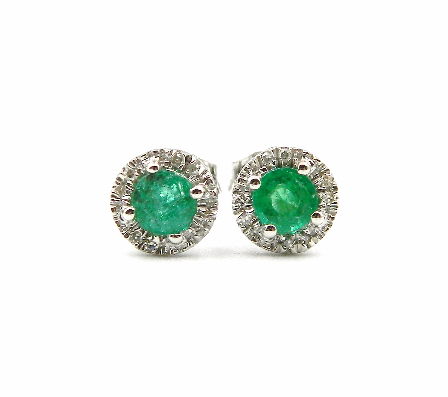 Sterling Silver Emerald and Diamond Stud Earrings