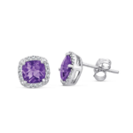Sterling Silver Stud Earrings with Cushion Amethysts and Diamonds