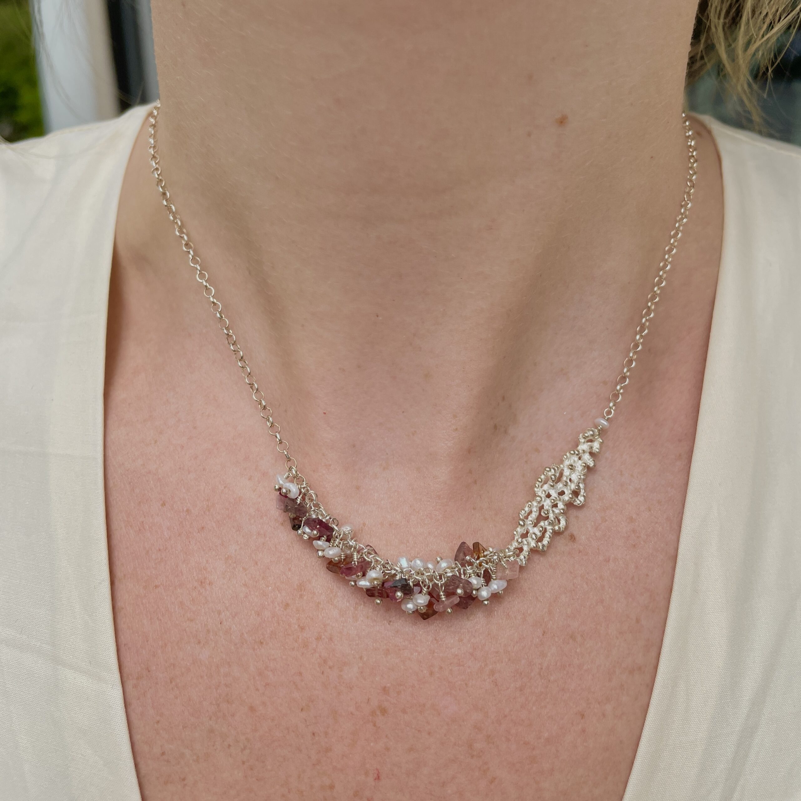 Sterling Silver Tourmaline and Pearl Necklace