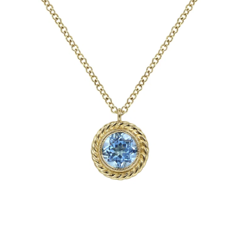 Yellow Gold Rope Halo Blue Topaz Necklace