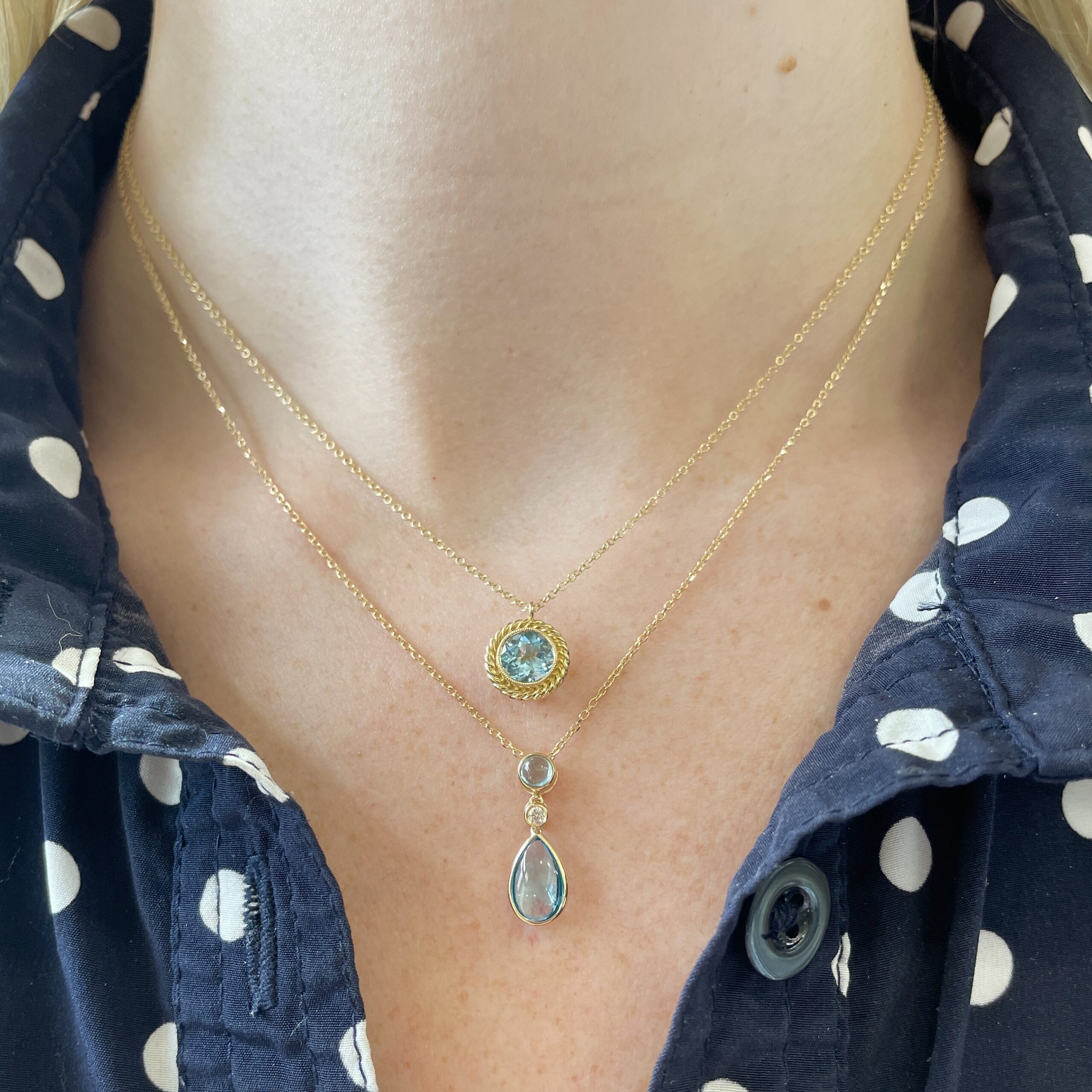 Yellow Gold Rope Halo Blue Topaz Necklace