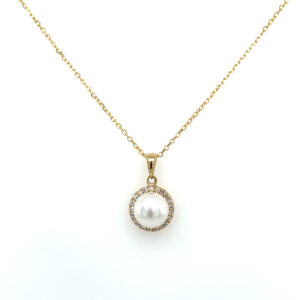 Yellow Gold Pearl Necklace with Diamond Halo