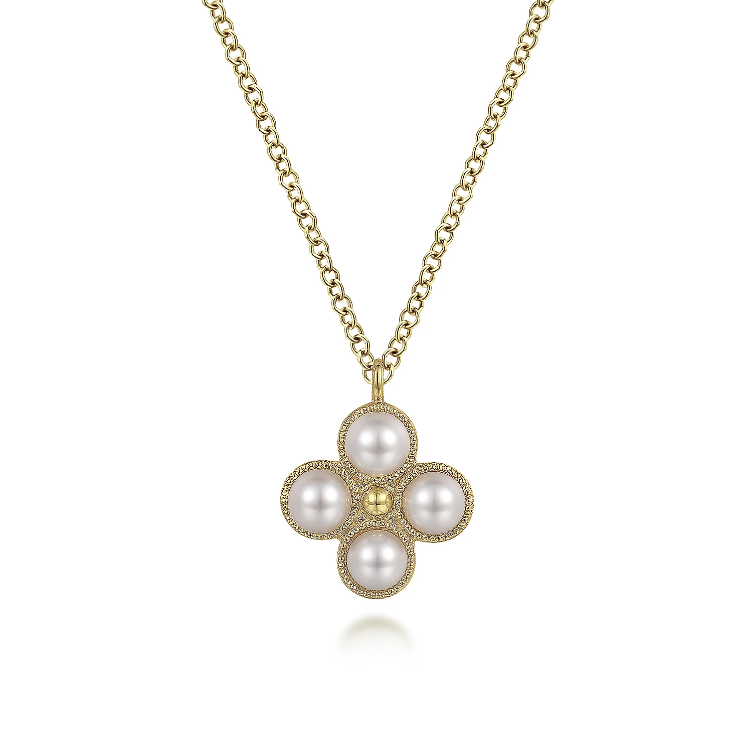 Yellow Gold Flower Pendant Pearl Necklace