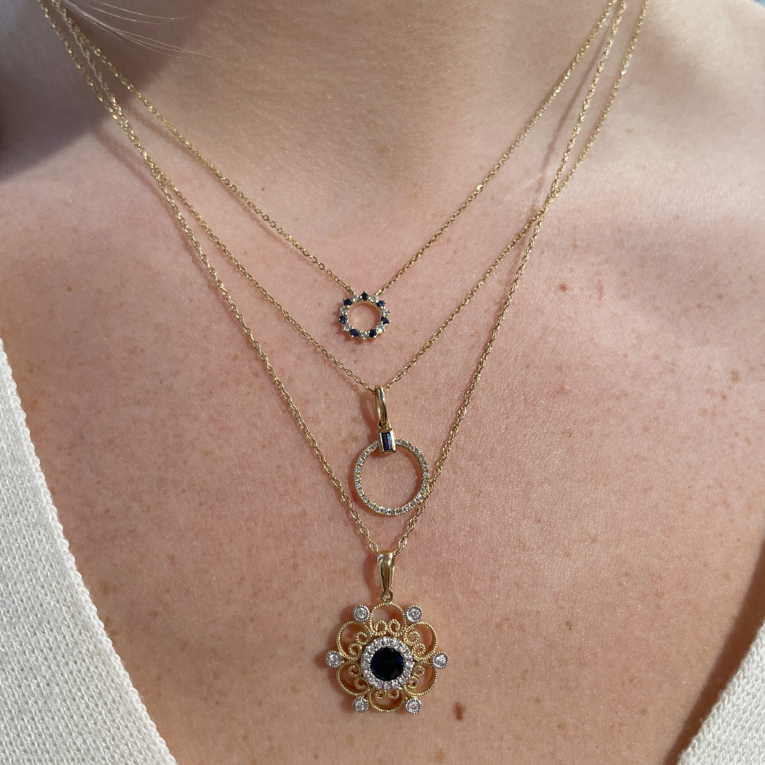 Yellow Gold Circle Sapphire Pendant Necklace