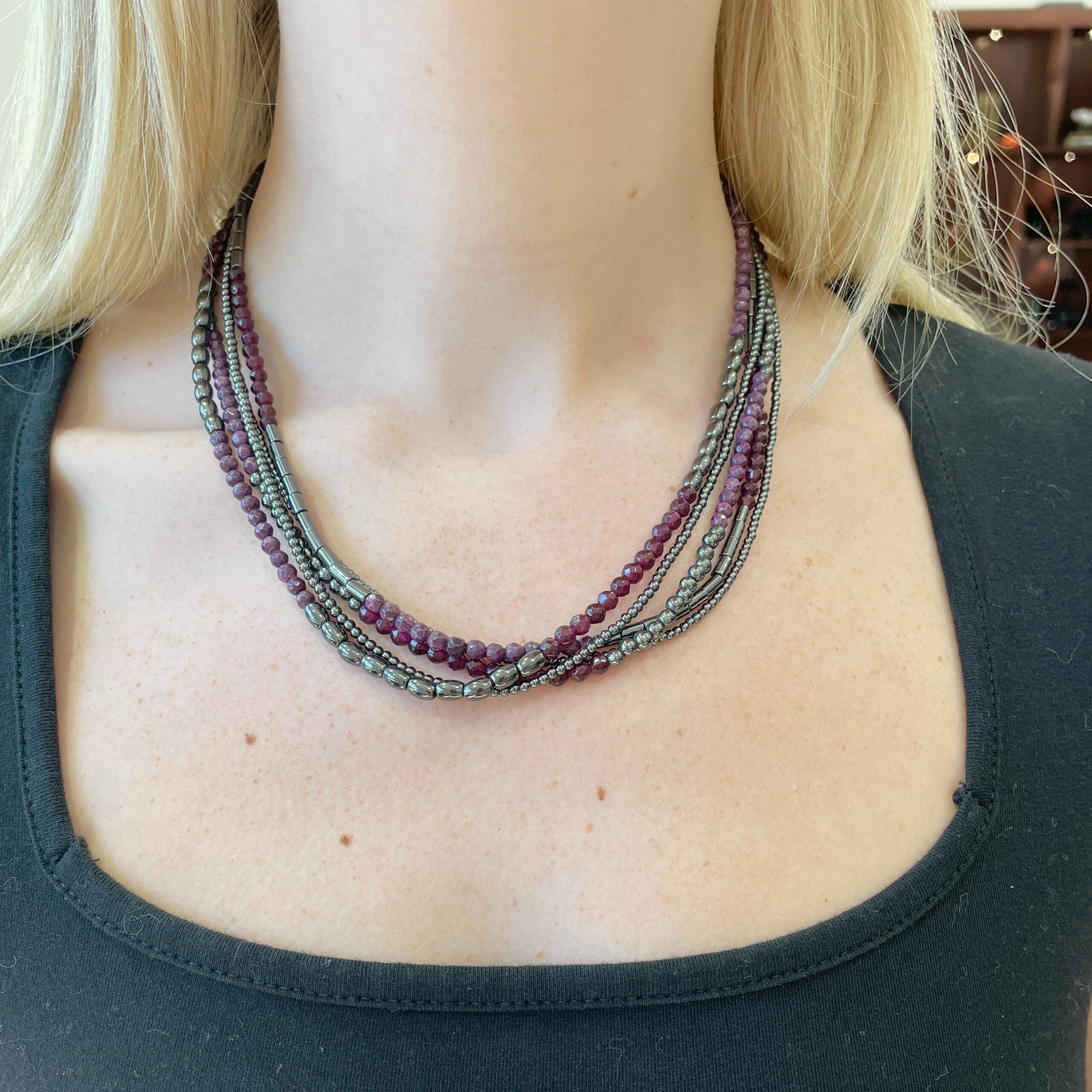 Coral, Hematite, and Quartz Beaded Necklace