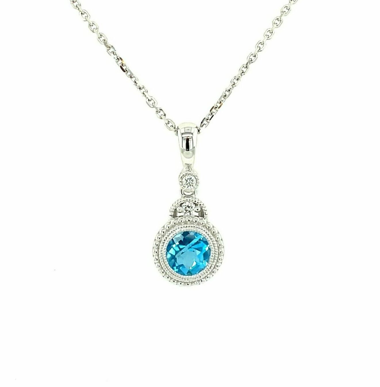 White Gold Blue Topaz and Diamond Pendant Necklace