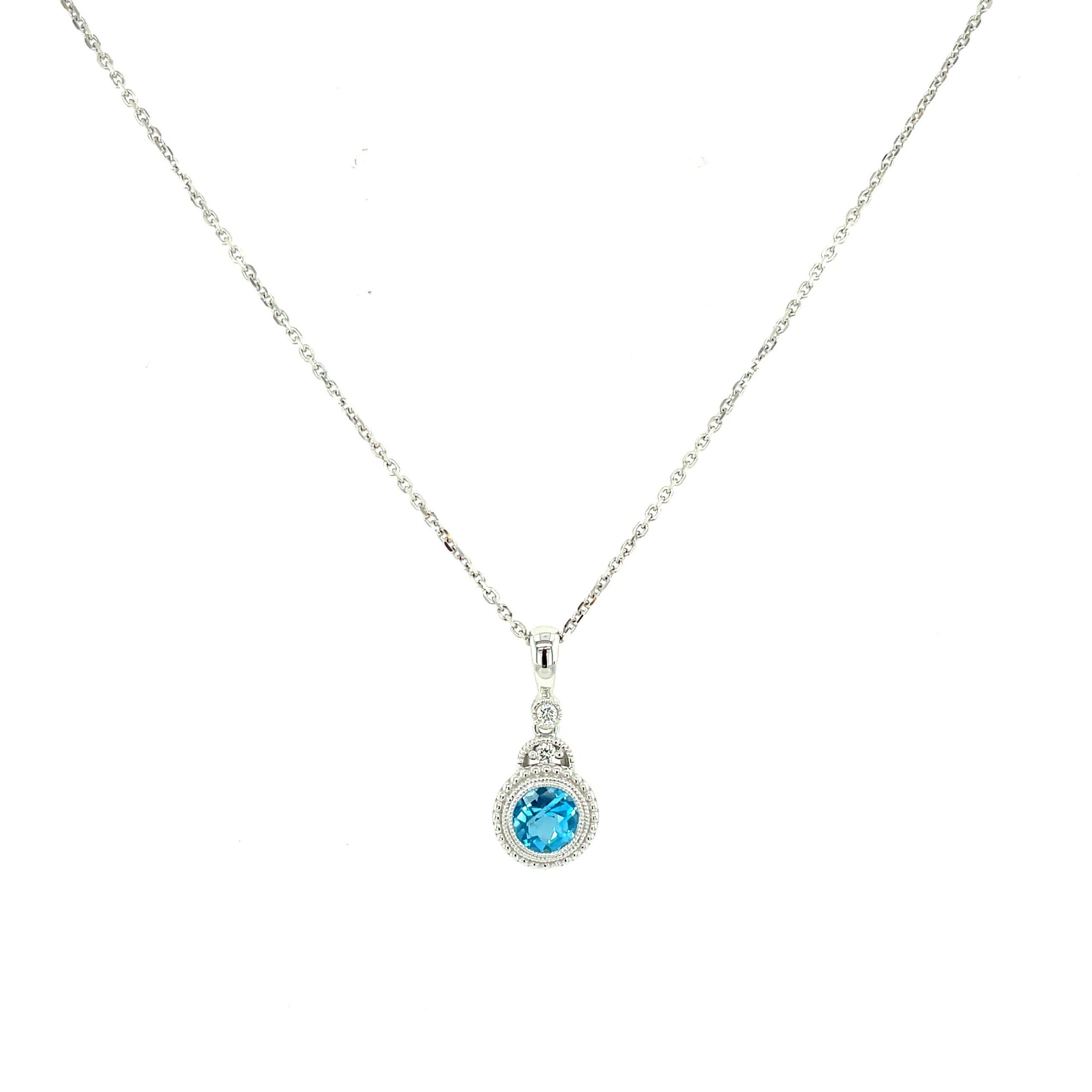 White Gold Blue Topaz and Diamond Pendant Necklace