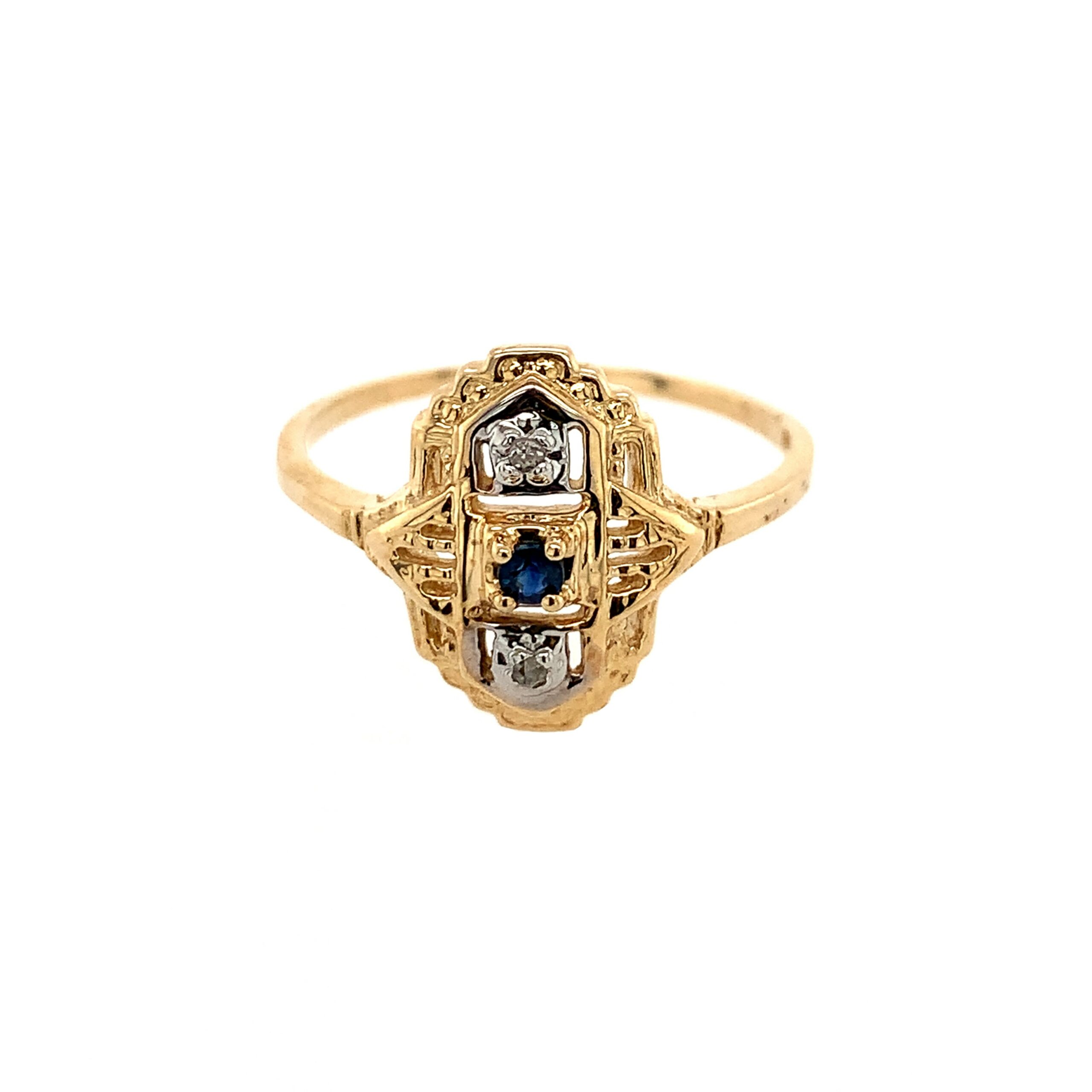 Gold Sapphire and Diamond Filigreed Ring