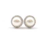 White Gold Freshwater Pearl and Diamond Stud Earrings