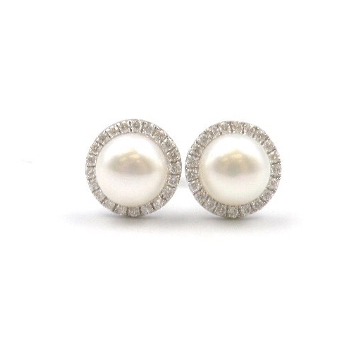 White Gold Freshwater Pearl and Diamond Stud Earrings