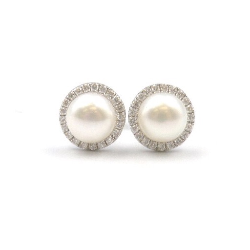 White Gold Freshwater Pearl and Diamond Stud Earrings