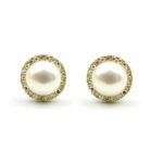 Yellow Gold Freshwater Pearl and Diamond Stud Earrings