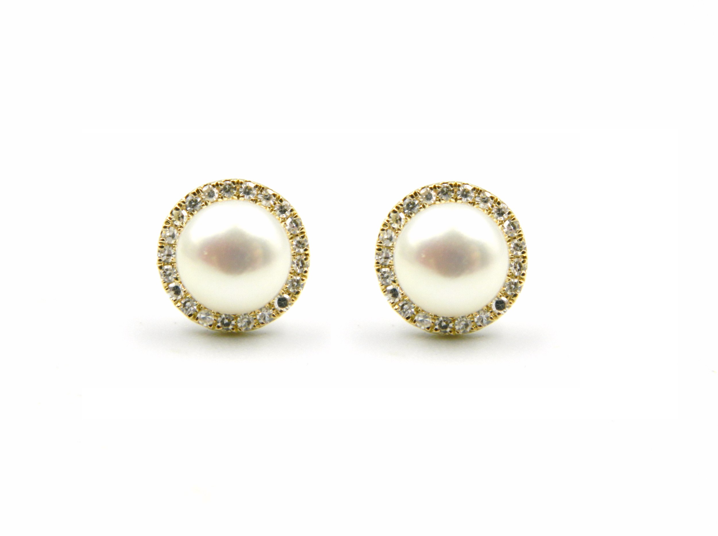 Yellow Gold Freshwater Pearl and Diamond Stud Earrings