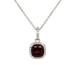 White Gold Garnet and Diamond Cushion Pendant Necklace