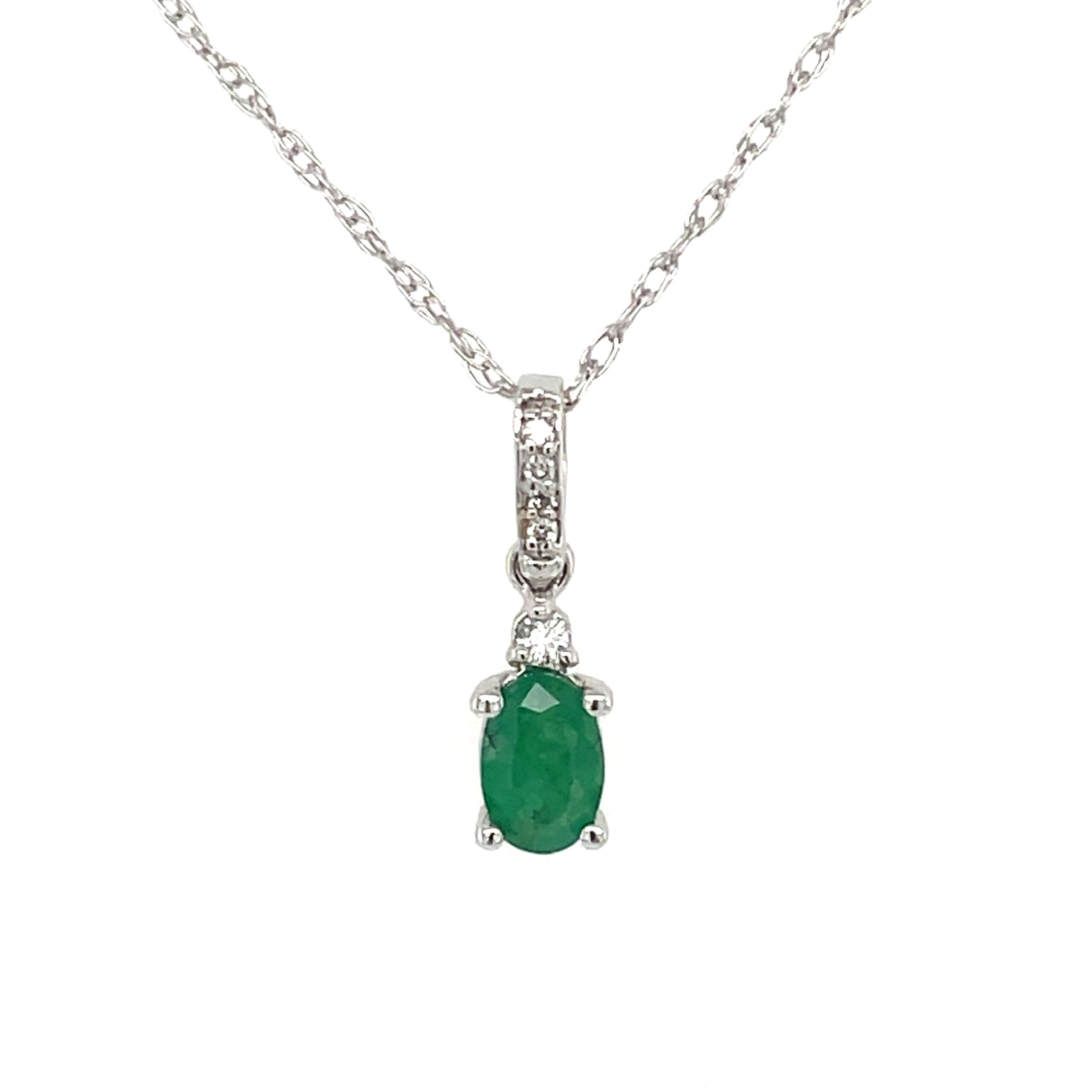 White Gold Emerald and Diamond Pendant Necklace