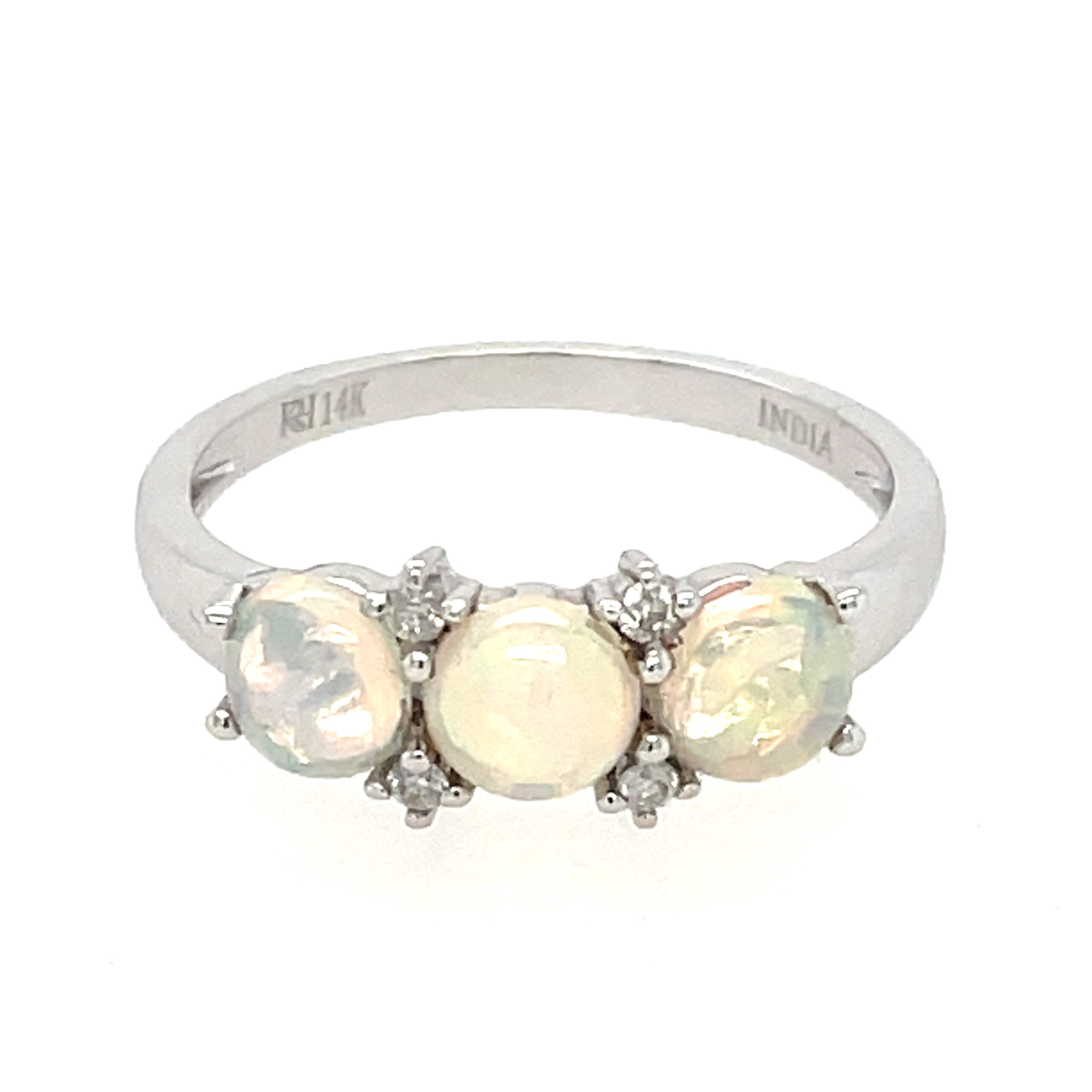 White Gold Three Stone Opal and Diamond Ring