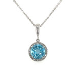 White Gold Blue Topaz and Diamond Round Pendant