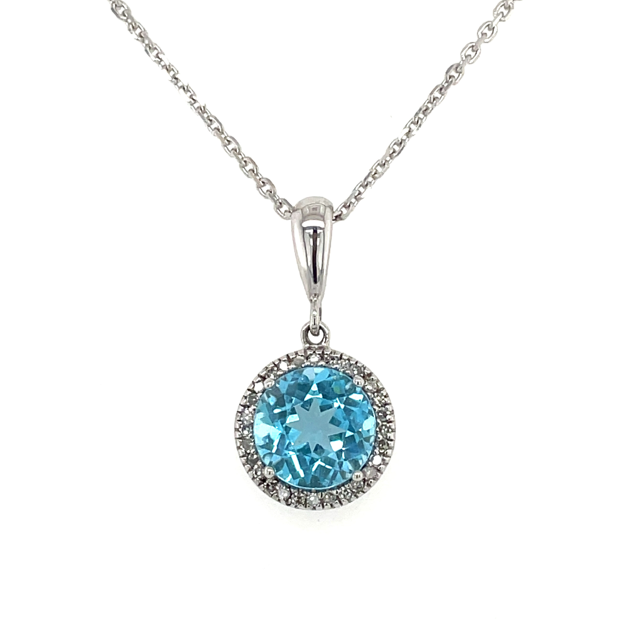 White Gold Blue Topaz and Diamond Round Pendant