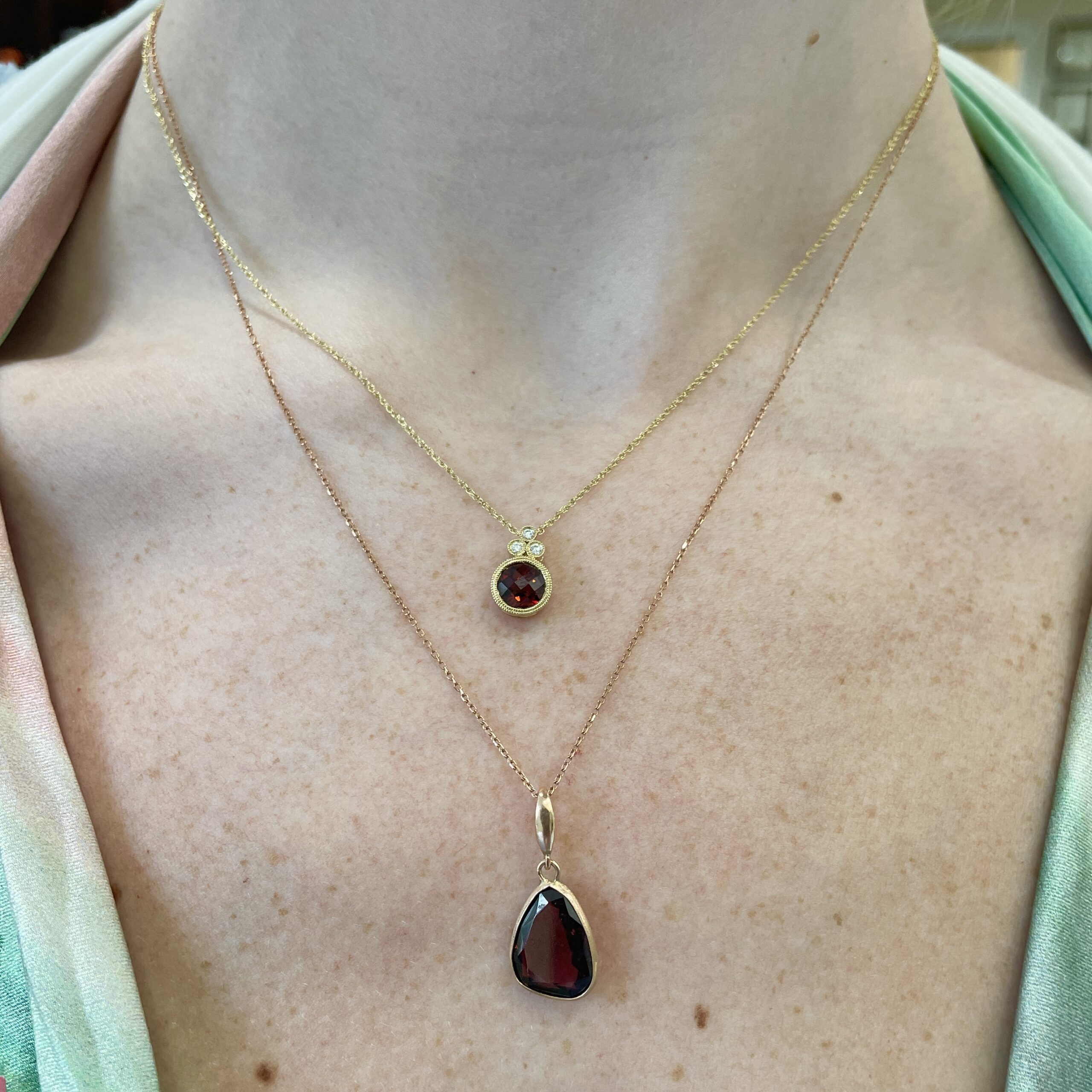 Yellow Gold Round Garnet and Diamond Bezel Set Necklace