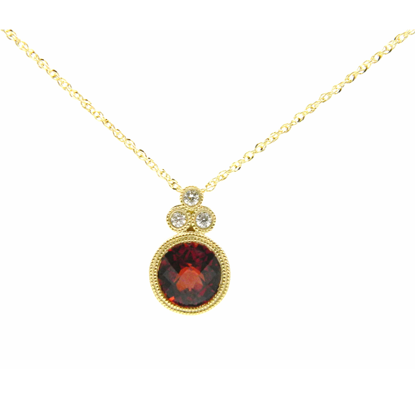 Yellow Gold Round Garnet and Diamond Bezel Set Necklace