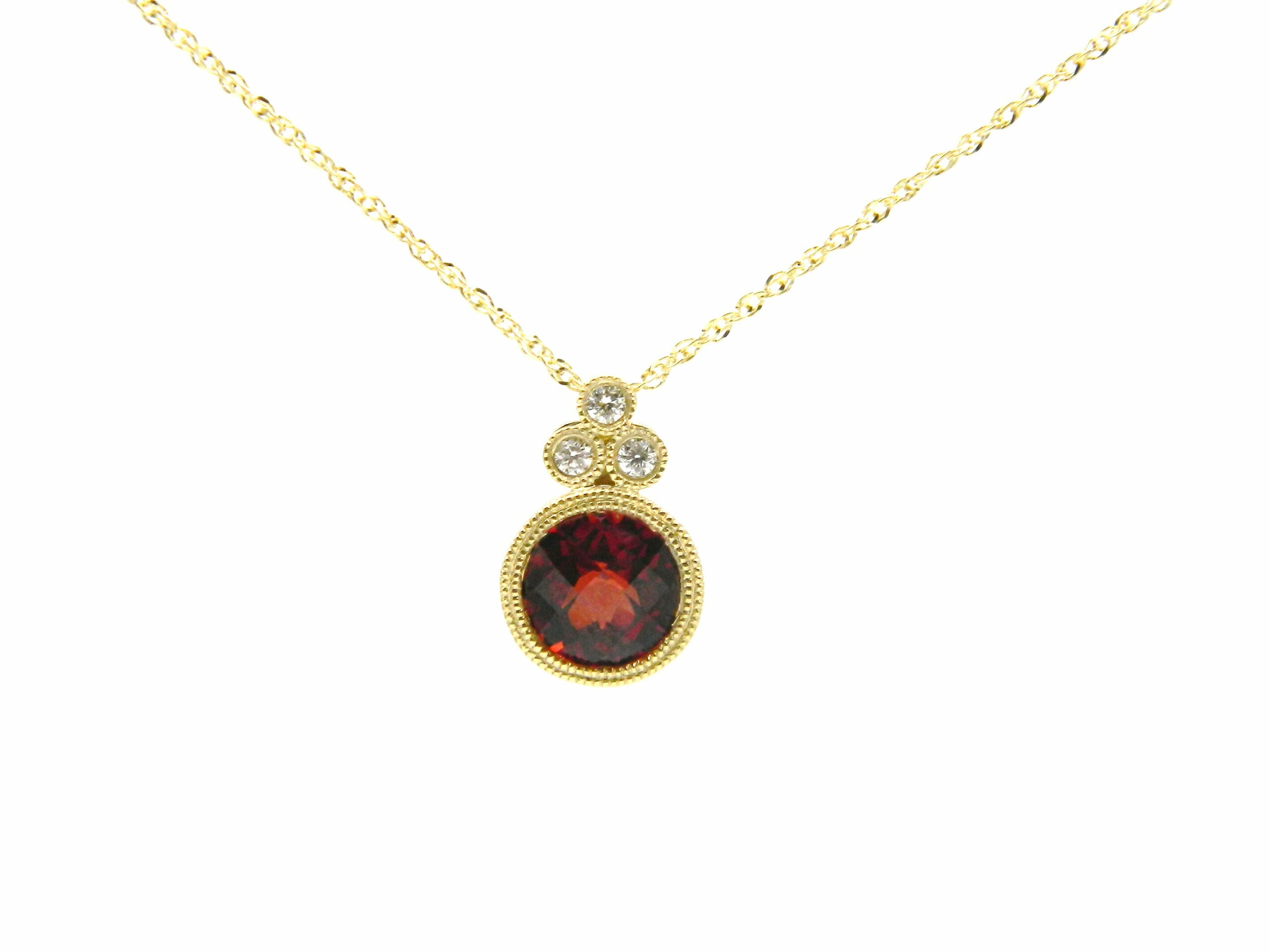 Yellow Gold Round Garnet and Diamond Bezel Set Necklace