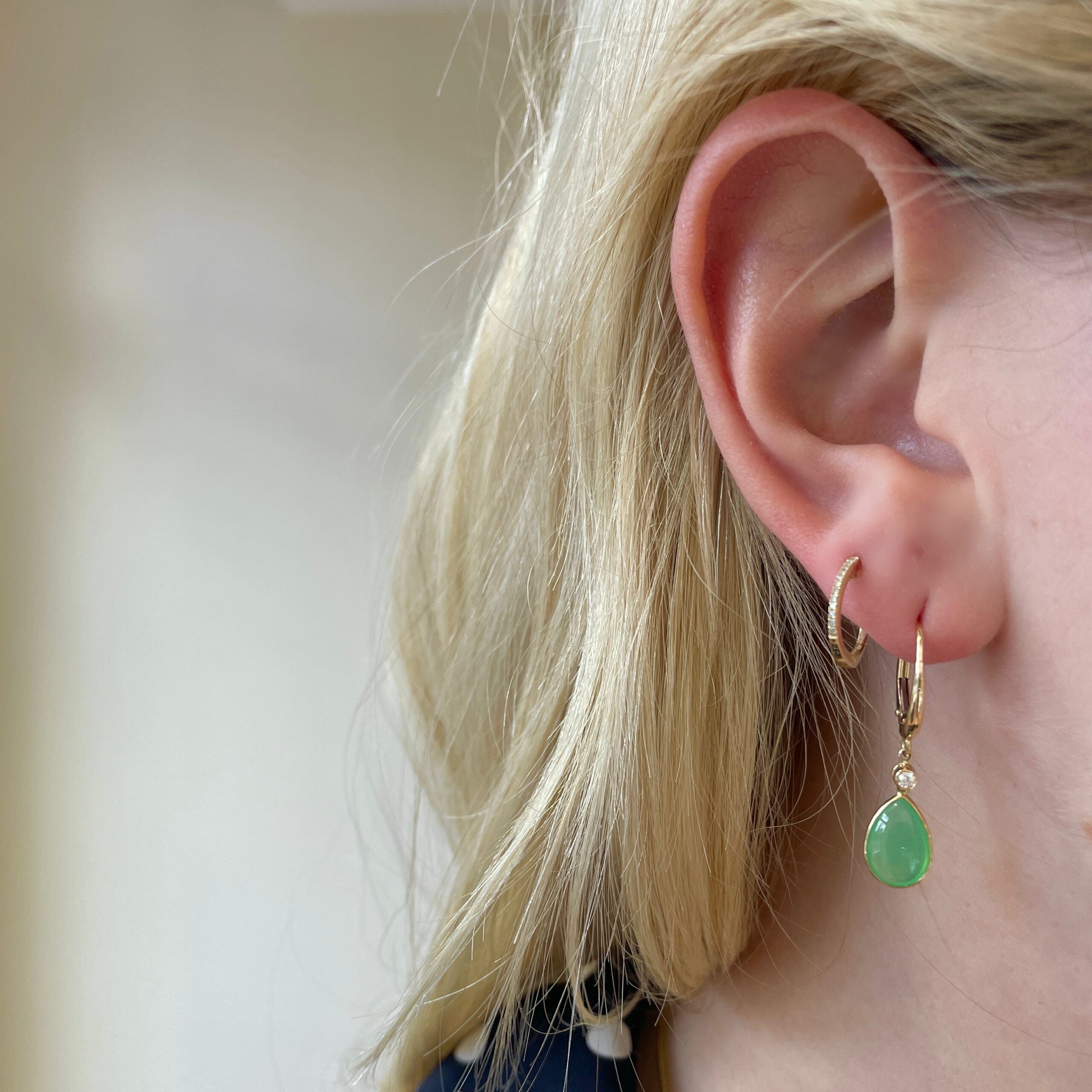 Yellow Gold Chrysoprase Briolette and Diamond Earrings