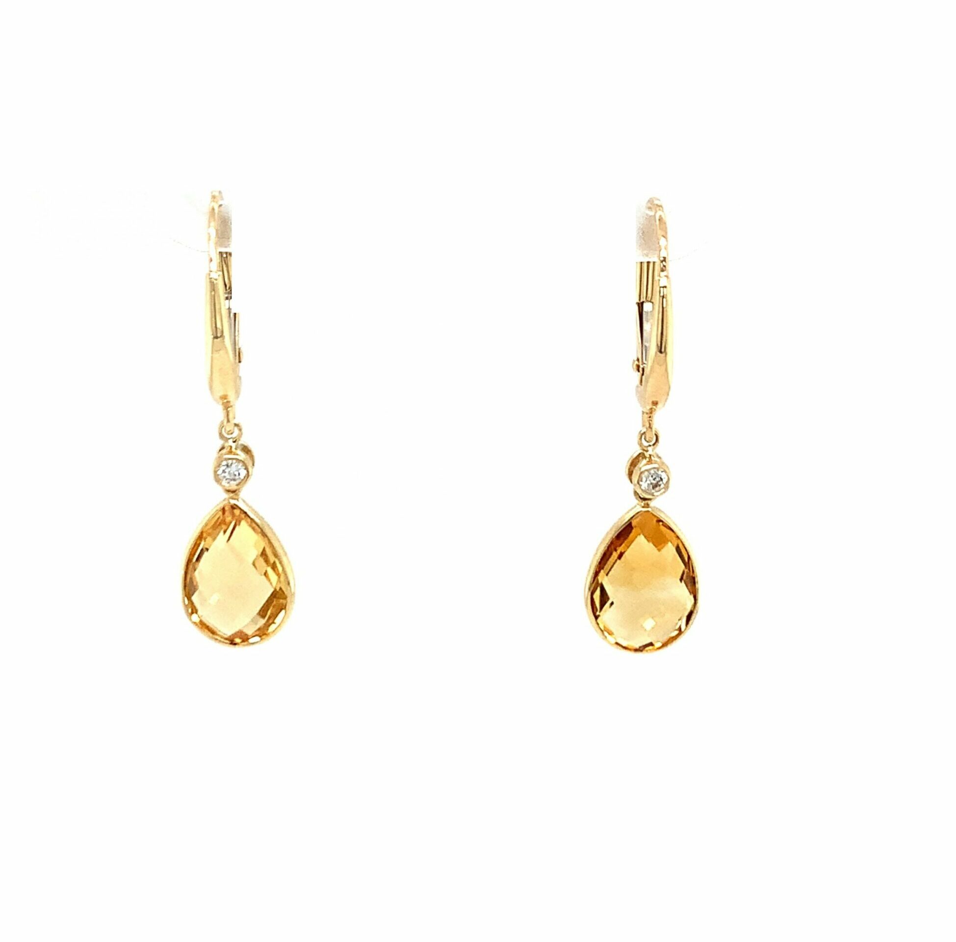 Yellow Gold Pear Shaped Citrine Briolette and Diamond Earrings