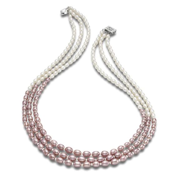 White Gold Three Strand Multicolored Freshwater Pearl Necklace