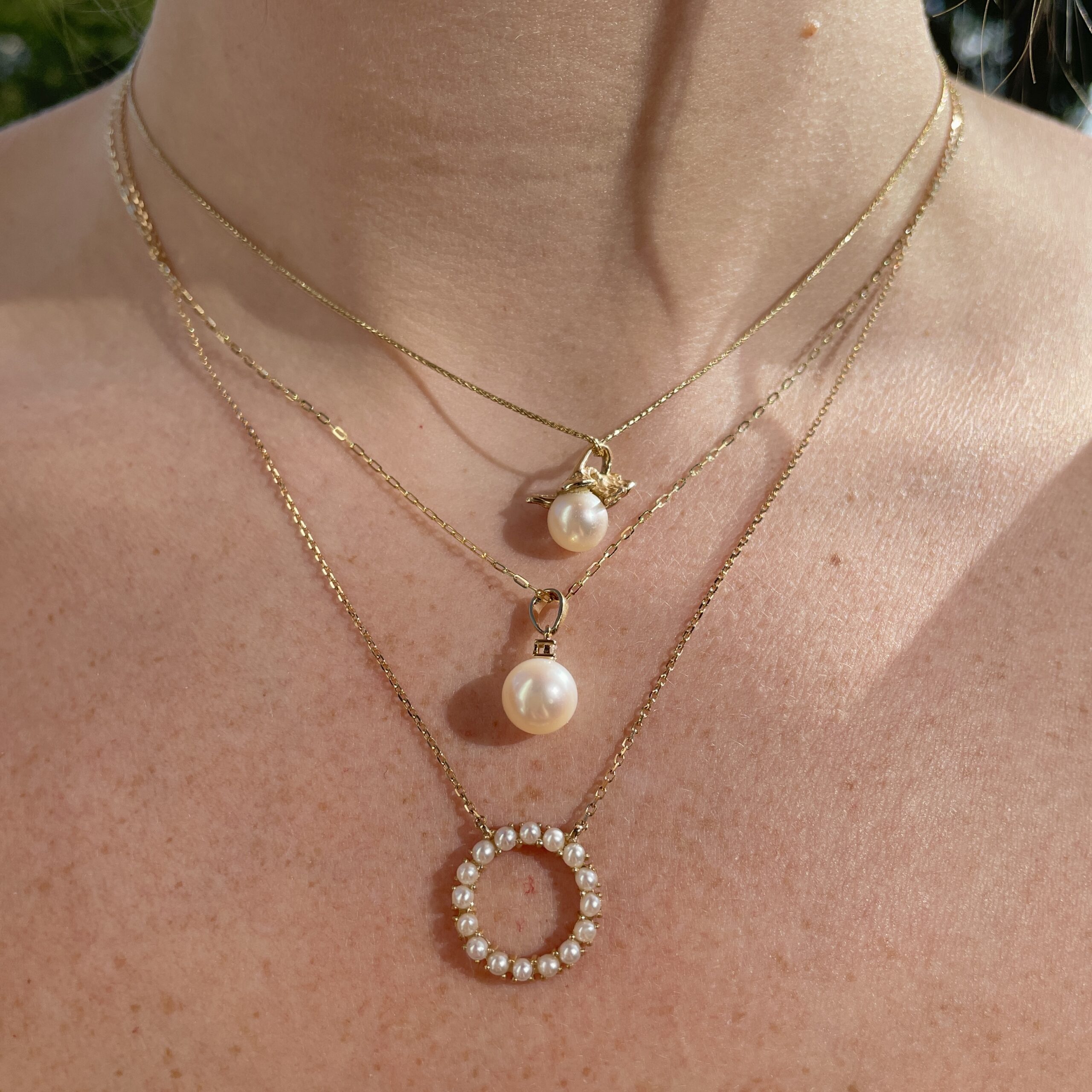 Yellow Gold Pearl Circle Pendant Necklace