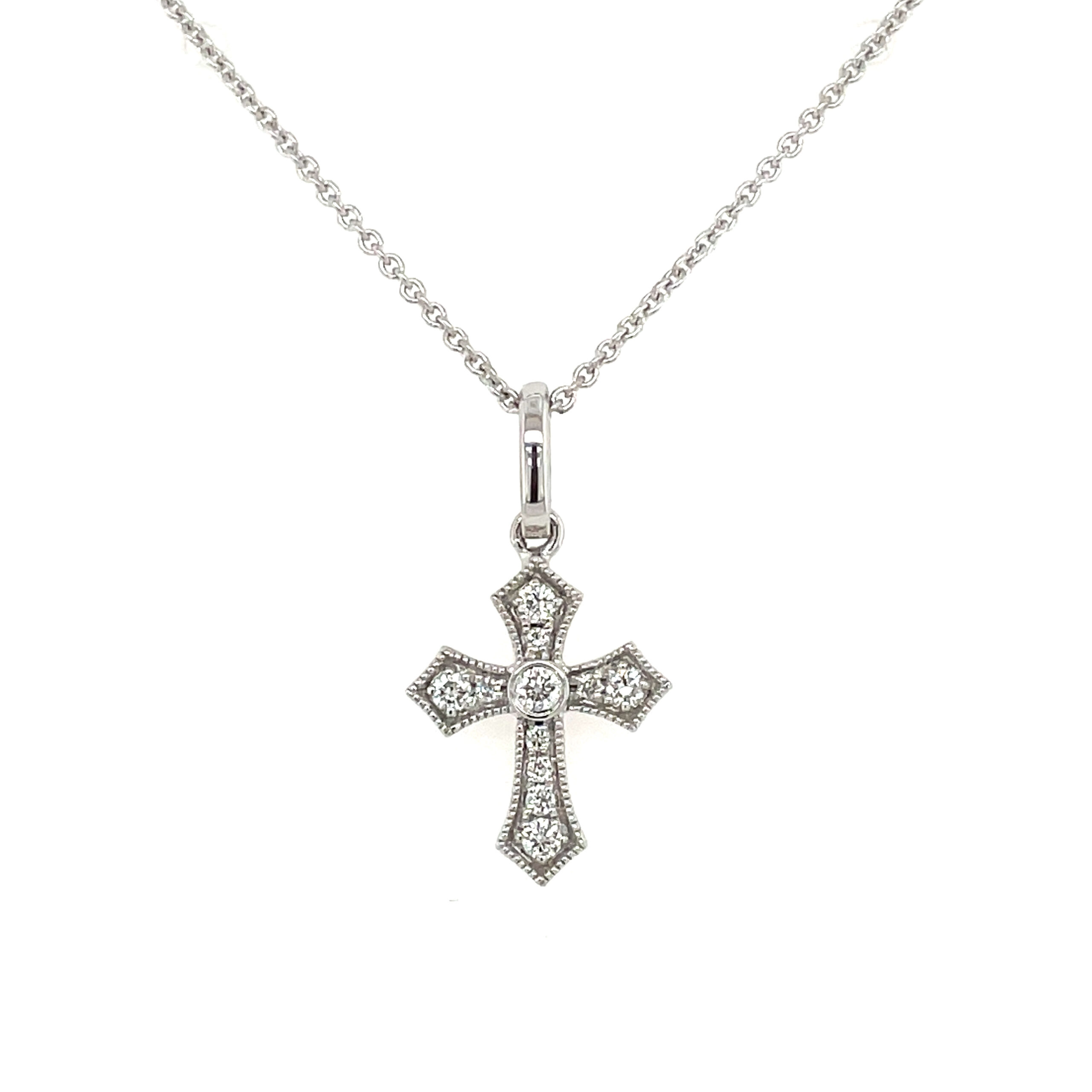 White Gold Milgrain Diamond Cross Necklace