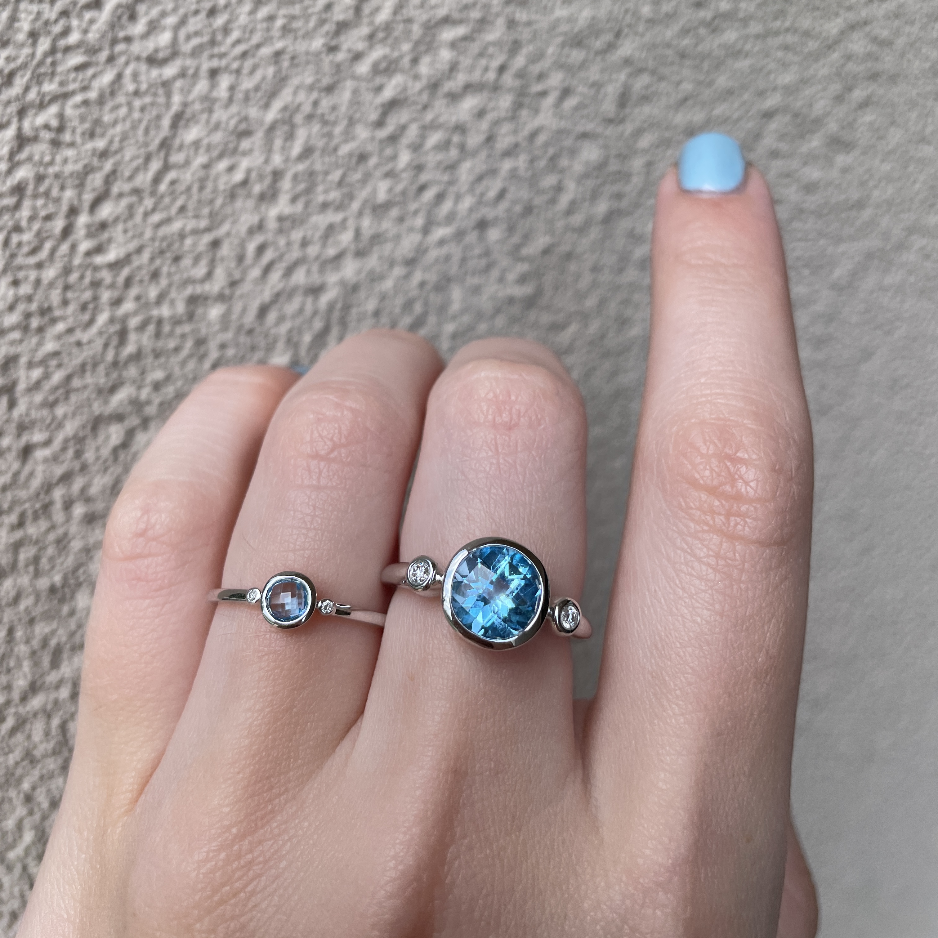 White Gold Blue Topaz and Diamond Bezel Set Ring