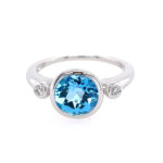 White Gold Blue Topaz and Diamond Bezel Set Ring