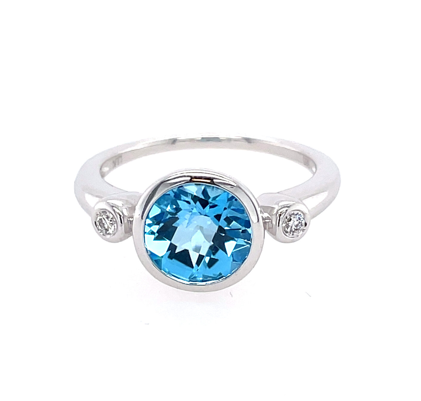 White Gold Blue Topaz and Diamond Bezel Set Ring